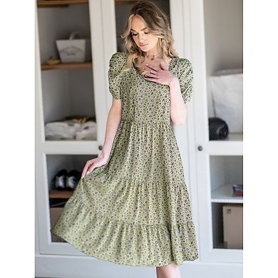Women's Floral Square Neck Puffy Short Sleeves Tiered Ruffled Hem Dress