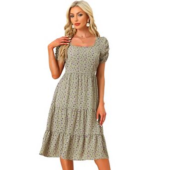 Women's Floral Square Neck Puffy Short Sleeves Tiered Ruffled Hem Dress