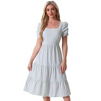 Women's Floral Square Neck Puffy Short Sleeves Tiered Ruffled Hem Dress