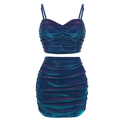 2 Pieces Glitter Ruched Spaghetti Strap Cami Cropped Top & Bodycon Mini Skirt Set, Purple / L