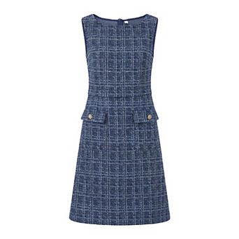 Women's Sleeveless Tweed Dress Boat Neck Work Office Sheath Dresses