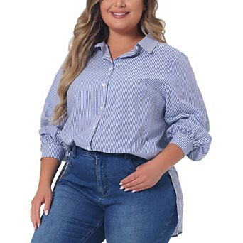 Plus Size Shirts For Women Button Down Collared Long Sleeve Classic Office Work Striped Blouse