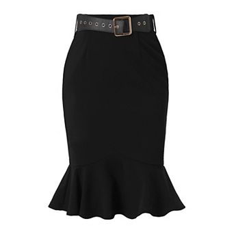 Women's Fishtail Mermaid High Waisted Peplum Midi Pencil Skirt with Belt Work Skirts