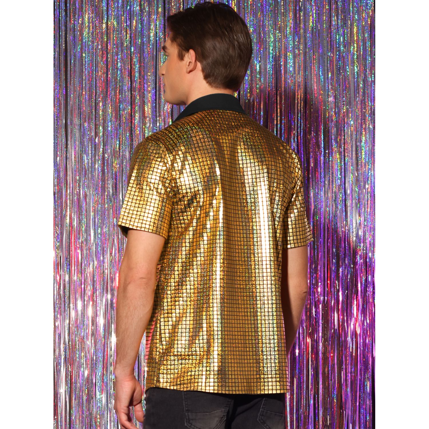 thumbnail image 2 of Mens 70s Disco Dance Costume Shiny Sequins Shirts Long 2 of 13