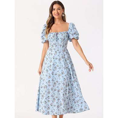 Women's Floral Sweatheart Tie Neck Split Smocked Puffy Sleeves Maxi Dress