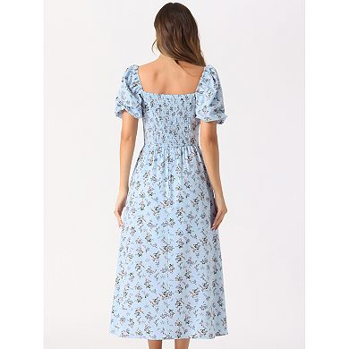 Women's Floral Sweatheart Tie Neck Split Smocked Puffy Sleeves Maxi Dress