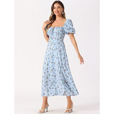 Women's Floral Sweatheart Tie Neck Split Smocked Puffy Sleeves Maxi Dress