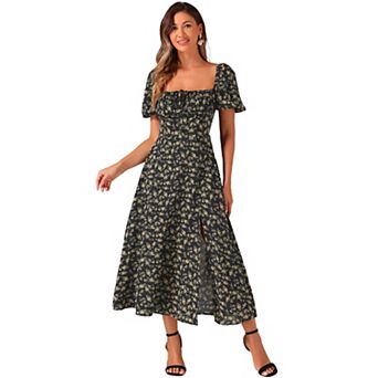 Women's Floral Sweatheart Tie Neck Split Smocked Puffy Sleeves Maxi Dress