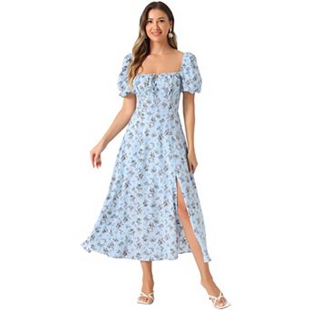 Women's Floral Sweatheart Tie Neck Split Smocked Puffy Sleeves Maxi Dress