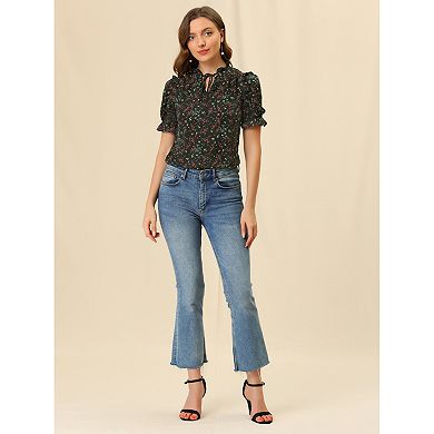 Women's Ruffle Tie Neck Puffy Short Sleeve Casual Floral Blouse Top