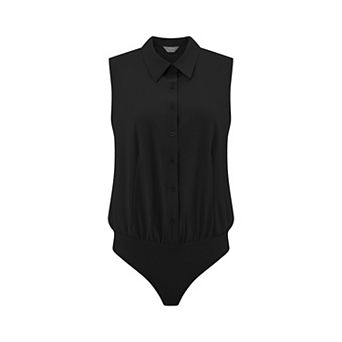 Women's Work Bodysuit Tops Button Down Sleeveless Leotard Shirt