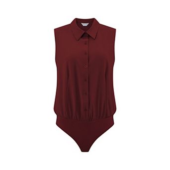 Women's Work Bodysuit Tops Button Down Sleeveless Leotard Shirt