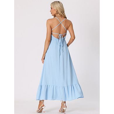 Women's Smocked Halter Neck Backless Sleeveless Summer Maxi Dress