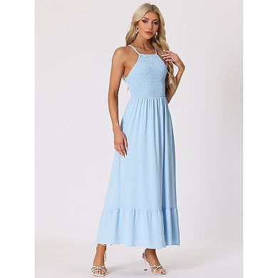 Women's Smocked Halter Neck Backless Sleeveless Summer Maxi Dress
