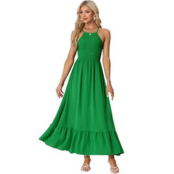 Women's Smocked Halter Neck Backless Sleeveless Summer Maxi Dress