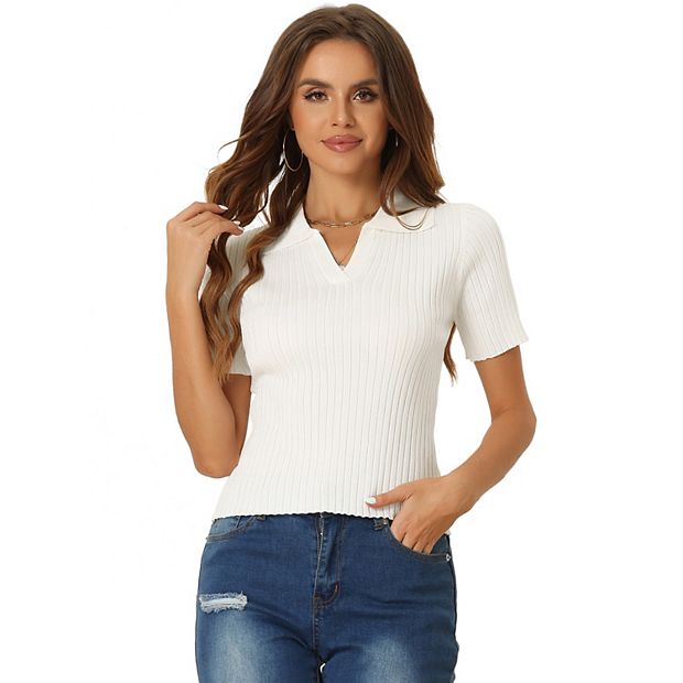 Women's Casual Short Sleeve T-shirt V Neck Collar Fitted
