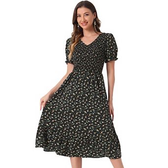 Floral Dresses For Women's Smocked Short Sleeves V Neck Ruffled Hem Midi Dress