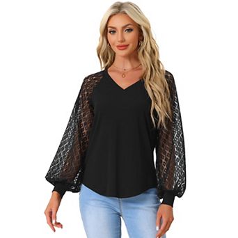 Lace Lantern Long Sleeve Tops For Women's V Neck Casual Solid Blouse