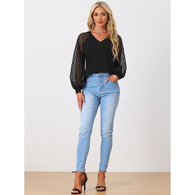 Lace Lantern Long Sleeve Tops For Women's V Neck Casual Solid Blouse