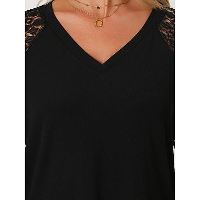Lace Lantern Long Sleeve Tops For Women's V Neck Casual Solid Blouse