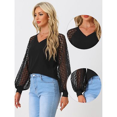 Lace Lantern Long Sleeve Tops For Women's V Neck Casual Solid Blouse