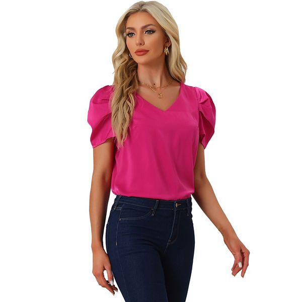 And The Why Plain Satin Puff Shirring V Neck Blouse Top main image 1