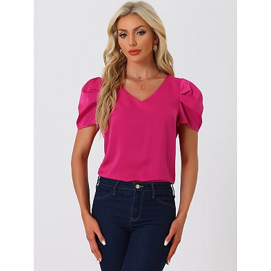 Soft Short Puffy Sleeve Basic Stretchy Knit Top