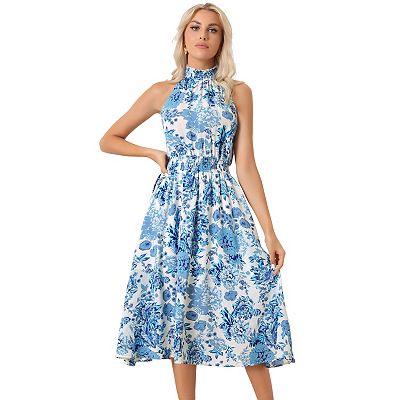 Halter Neck Sleeveless Casual Floral Sundress Midi Dress Blue L