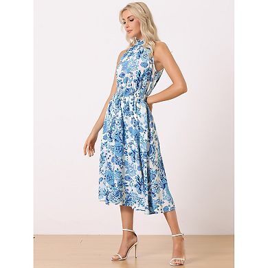 Boho Summer Dress For Women's Halter Neck Sleeveless Casual Floral Print Sundress Midi Dresses