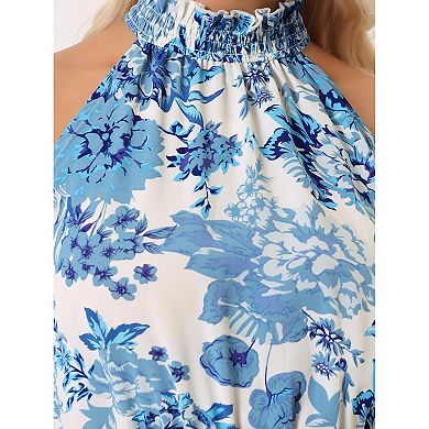 Boho Summer Dress For Women's Halter Neck Sleeveless Casual Floral Print Sundress Midi Dresses