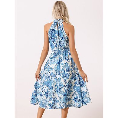 Boho Summer Dress For Women's Halter Neck Sleeveless Casual Floral Print Sundress Midi Dresses