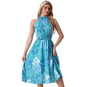 Boho Summer Dress for Women's Halter Neck Sleeveless Casual Floral Print Sundress Midi Dresses
