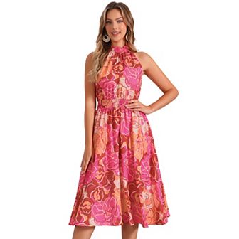Boho Summer Dress for Women's Halter Neck Sleeveless Casual Floral Print Sundress Midi Dresses