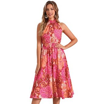 Boho Summer Dress For Women's Halter Neck Sleeveless Casual Floral Print Sundress Midi Dresses