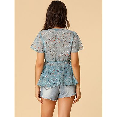Flower Sheer Sleeve V-Neck Blouse main image 0
