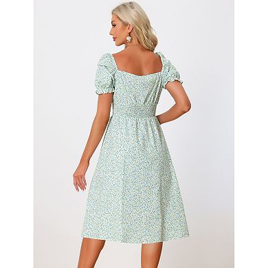 Summer Floral Dress For Women's Puffy Sleeve Square Neck Midi Smocked Dresses