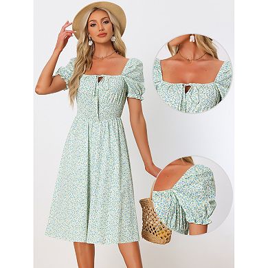 Summer Floral Dress For Women's Puffy Sleeve Square Neck Midi Smocked Dresses