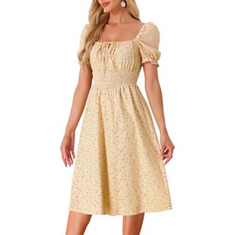 Summer Floral Dress For Women's Puffy Sleeve Square Neck Midi Smocked Dresses