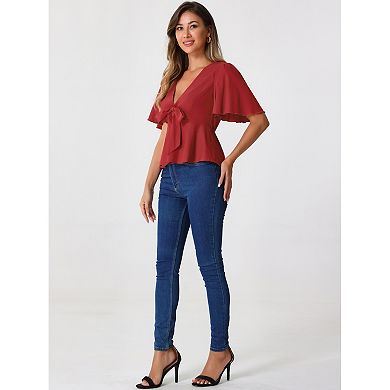 Women's Peplum Blouse Top Ruffle Sleeve Bow Tie Decor Deep V Neck Tops