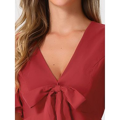 Women's Peplum Blouse Top Ruffle Sleeve Bow Tie Decor Deep V Neck Tops