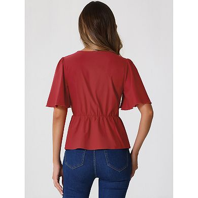 Women's Peplum Blouse Top Ruffle Sleeve Bow Tie Decor Deep V Neck Tops