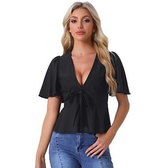 Women's Peplum Blouse Top Ruffle Sleeve Bow Tie Decor Deep V Neck Tops