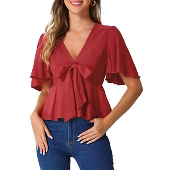 Women's Peplum Blouse Top Ruffle Sleeve Bow Tie Decor Deep V Neck Tops