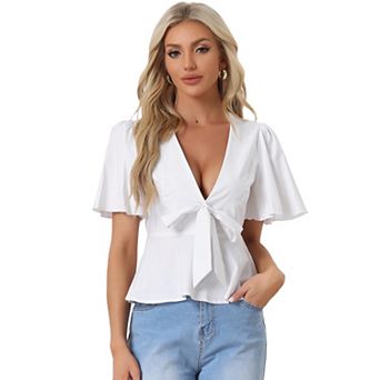 Women's Peplum Blouse Top Ruffle Sleeve Bow Tie Decor Deep V Neck Tops