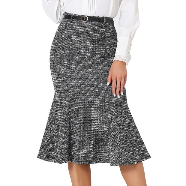 Tweed Midi Skirt For Women's Plaid Belted Fishtail Bodycon