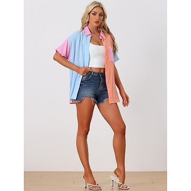 Women's Color Block Button Down Short Sleeves Shirt Blouses