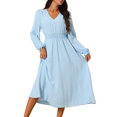 Seta T Women s Casual Long Sleeve V Neck Vintage Smocked Waist Flowy Midi Dress Blue S