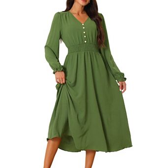 Women's Casual Midi Fall Dresses Vintage Smocked Waist Flowy Long Dress
