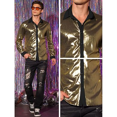 Shiny Metallic Shirt For Men's Long Sleeves Button Party Disco Glitter ...