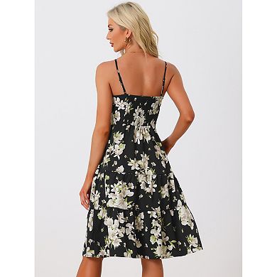 Women's V Neck Spaghetti Strap Smocked Back Ruffled Hem Midi Floral Dress